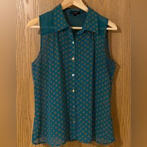 (B5)‎ Vibrant Edge Teal & Brown Polka Dot Sheer Casual Sleeveless Blouse S
